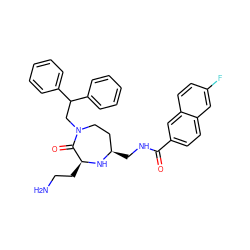 NCC[C@@H]1N[C@H](CNC(=O)c2ccc3cc(F)ccc3c2)CCN(CC(c2ccccc2)c2ccccc2)C1=O ZINC000118686042