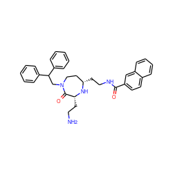 NCC[C@H]1N[C@@H](CCNC(=O)c2ccc3ccccc3c2)CCN(CC(c2ccccc2)c2ccccc2)C1=O ZINC000206910876