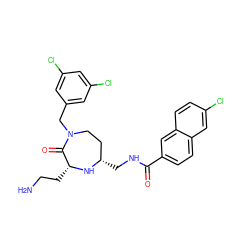 NCC[C@H]1N[C@@H](CNC(=O)c2ccc3cc(Cl)ccc3c2)CCN(Cc2cc(Cl)cc(Cl)c2)C1=O ZINC000206886694