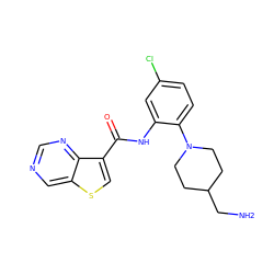 NCC1CCN(c2ccc(Cl)cc2NC(=O)c2csc3cncnc23)CC1 ZINC000113651615