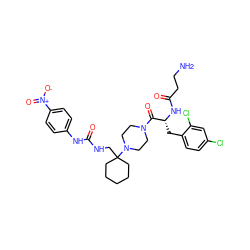 NCCC(=O)N[C@H](Cc1ccc(Cl)cc1Cl)C(=O)N1CCN(C2(CNC(=O)Nc3ccc([N+](=O)[O-])cc3)CCCCC2)CC1 ZINC000028461607