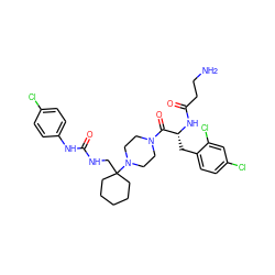 NCCC(=O)N[C@H](Cc1ccc(Cl)cc1Cl)C(=O)N1CCN(C2(CNC(=O)Nc3ccc(Cl)cc3)CCCCC2)CC1 ZINC000028462093