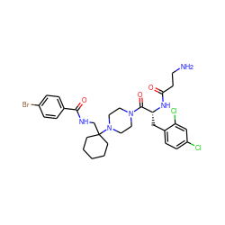 NCCC(=O)N[C@H](Cc1ccc(Cl)cc1Cl)C(=O)N1CCN(C2(CNC(=O)c3ccc(Br)cc3)CCCCC2)CC1 ZINC000028394003