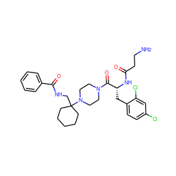 NCCC(=O)N[C@H](Cc1ccc(Cl)cc1Cl)C(=O)N1CCN(C2(CNC(=O)c3ccccc3)CCCCC2)CC1 ZINC000028457823