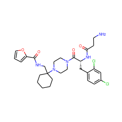 NCCC(=O)N[C@H](Cc1ccc(Cl)cc1Cl)C(=O)N1CCN(C2(CNC(=O)c3ccco3)CCCCC2)CC1 ZINC000028463976