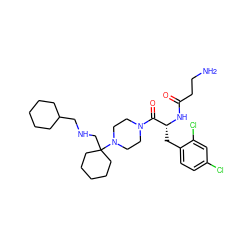 NCCC(=O)N[C@H](Cc1ccc(Cl)cc1Cl)C(=O)N1CCN(C2(CNCC3CCCCC3)CCCCC2)CC1 ZINC000028462321