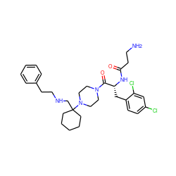 NCCC(=O)N[C@H](Cc1ccc(Cl)cc1Cl)C(=O)N1CCN(C2(CNCCc3ccccc3)CCCCC2)CC1 ZINC000028462329