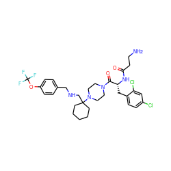 NCCC(=O)N[C@H](Cc1ccc(Cl)cc1Cl)C(=O)N1CCN(C2(CNCc3ccc(OC(F)(F)F)cc3)CCCCC2)CC1 ZINC000028393977