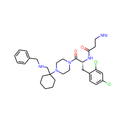 NCCC(=O)N[C@H](Cc1ccc(Cl)cc1Cl)C(=O)N1CCN(C2(CNCc3ccccc3)CCCCC2)CC1 ZINC000028461821