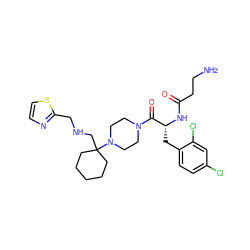 NCCC(=O)N[C@H](Cc1ccc(Cl)cc1Cl)C(=O)N1CCN(C2(CNCc3nccs3)CCCCC2)CC1 ZINC000095607647