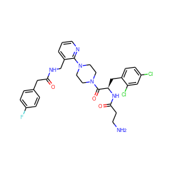 NCCC(=O)N[C@H](Cc1ccc(Cl)cc1Cl)C(=O)N1CCN(c2ncccc2CNC(=O)Cc2ccc(F)cc2)CC1 ZINC000036285111