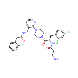 NCCC(=O)N[C@H](Cc1ccc(Cl)cc1Cl)C(=O)N1CCN(c2ncccc2CNC(=O)Cc2ccccc2F)CC1 ZINC000036285086