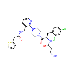 NCCC(=O)N[C@H](Cc1ccc(Cl)cc1Cl)C(=O)N1CCN(c2ncccc2CNC(=O)Cc2cccs2)CC1 ZINC000036284870