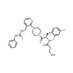 NCCC(=O)N[C@H](Cc1ccc(Cl)cc1Cl)C(=O)N1CCN(c2ncccc2CNC(=O)Nc2ccccc2)CC1 ZINC000036285189