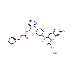 NCCC(=O)N[C@H](Cc1ccc(Cl)cc1Cl)C(=O)N1CCN(c2ncccc2CNC(=O)OCc2ccccc2)CC1 ZINC000036285057