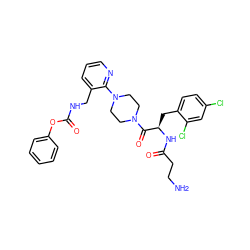 NCCC(=O)N[C@H](Cc1ccc(Cl)cc1Cl)C(=O)N1CCN(c2ncccc2CNC(=O)Oc2ccccc2)CC1 ZINC000036285143