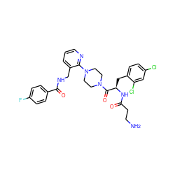 NCCC(=O)N[C@H](Cc1ccc(Cl)cc1Cl)C(=O)N1CCN(c2ncccc2CNC(=O)c2ccc(F)cc2)CC1 ZINC000036285075