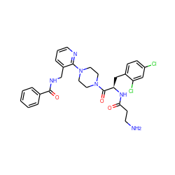 NCCC(=O)N[C@H](Cc1ccc(Cl)cc1Cl)C(=O)N1CCN(c2ncccc2CNC(=O)c2ccccc2)CC1 ZINC000036285079