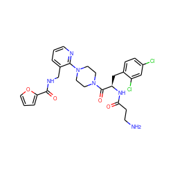 NCCC(=O)N[C@H](Cc1ccc(Cl)cc1Cl)C(=O)N1CCN(c2ncccc2CNC(=O)c2ccco2)CC1 ZINC000036284843