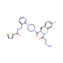 NCCC(=O)N[C@H](Cc1ccc(Cl)cc1Cl)C(=O)N1CCN(c2ncccc2CNC(=O)c2cccs2)CC1 ZINC000036285119