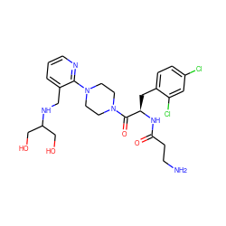 NCCC(=O)N[C@H](Cc1ccc(Cl)cc1Cl)C(=O)N1CCN(c2ncccc2CNC(CO)CO)CC1 ZINC000036284744