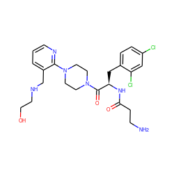 NCCC(=O)N[C@H](Cc1ccc(Cl)cc1Cl)C(=O)N1CCN(c2ncccc2CNCCO)CC1 ZINC000036285218