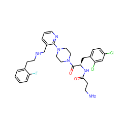 NCCC(=O)N[C@H](Cc1ccc(Cl)cc1Cl)C(=O)N1CCN(c2ncccc2CNCCc2ccccc2F)CC1 ZINC000036284883