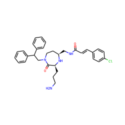 NCCC[C@@H]1N[C@H](CNC(=O)/C=C/c2ccc(Cl)cc2)CCN(CC(c2ccccc2)c2ccccc2)C1=O ZINC000118681766