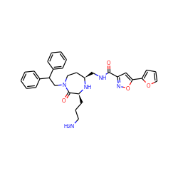 NCCC[C@@H]1N[C@H](CNC(=O)c2cc(-c3ccco3)on2)CCN(CC(c2ccccc2)c2ccccc2)C1=O ZINC000118685556