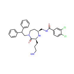 NCCC[C@@H]1N[C@H](CNC(=O)c2ccc(Cl)c(Cl)c2)CCN(CC(c2ccccc2)c2ccccc2)C1=O ZINC000118678077