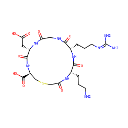 NCCC[C@@H]1NC(=O)CSC[C@@H](C(=O)O)NC(=O)[C@H](CC(=O)O)NC(=O)CNC(=O)[C@H](CCCN=C(N)N)NC1=O ZINC000026170018