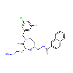 NCCC[C@H]1N[C@@H](CNC(=O)c2ccc3ccccc3c2)CCN(Cc2cc(F)cc(Cl)c2)C1=O ZINC000206896072