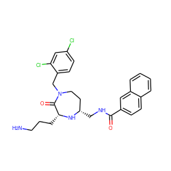 NCCC[C@H]1N[C@@H](CNC(=O)c2ccc3ccccc3c2)CCN(Cc2ccc(Cl)cc2Cl)C1=O ZINC000206914400