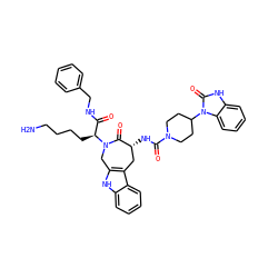 NCCCC[C@@H](C(=O)NCc1ccccc1)N1Cc2[nH]c3ccccc3c2C[C@@H](NC(=O)N2CCC(n3c(=O)[nH]c4ccccc43)CC2)C1=O ZINC000049889529