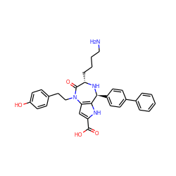 NCCCC[C@@H]1N[C@@H](c2ccc(-c3ccccc3)cc2)c2[nH]c(C(=O)O)cc2N(CCc2ccc(O)cc2)C1=O ZINC000473135018