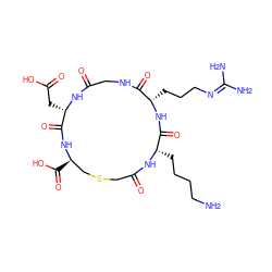 NCCCC[C@@H]1NC(=O)CSC[C@@H](C(=O)O)NC(=O)[C@H](CC(=O)O)NC(=O)CNC(=O)[C@H](CCCN=C(N)N)NC1=O ZINC000026174358