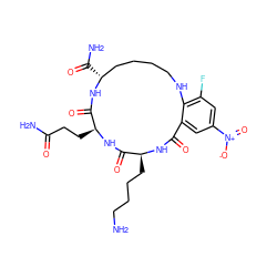 NCCCC[C@@H]1NC(=O)c2cc([N+](=O)[O-])cc(F)c2NCCCC[C@@H](C(N)=O)NC(=O)[C@H](CCC(N)=O)NC1=O ZINC000008690371