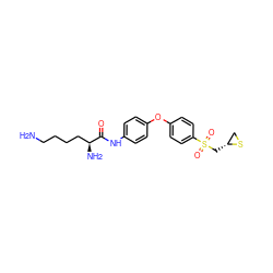 NCCCC[C@H](N)C(=O)Nc1ccc(Oc2ccc(S(=O)(=O)C[C@@H]3CS3)cc2)cc1 ZINC000072140807