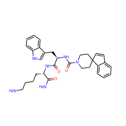 NCCCC[C@H](NC(=O)[C@@H](Cc1c[nH]c2ccccc12)NC(=O)N1CCC2(C=Cc3ccccc32)CC1)C(N)=O ZINC000095560121