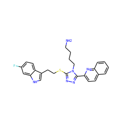 NCCCCn1c(SCCc2c[nH]c3cc(F)ccc23)nnc1-c1ccc2ccccc2n1 ZINC000028462265