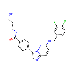 NCCCNC(=O)c1ccc(-c2cnc3ccc(NCc4ccc(Cl)c(Cl)c4)nn23)cc1 ZINC000058590469