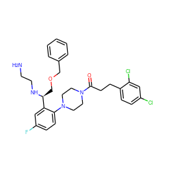 NCCN[C@@H](COCc1ccccc1)c1cc(F)ccc1N1CCN(C(=O)CCc2ccc(Cl)cc2Cl)CC1 ZINC000036285815