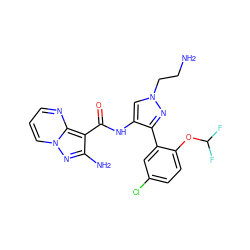 NCCn1cc(NC(=O)c2c(N)nn3cccnc23)c(-c2cc(Cl)ccc2OC(F)F)n1 ZINC001772585745