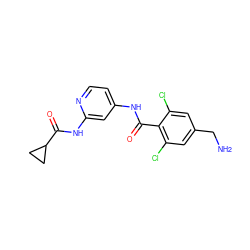 NCc1cc(Cl)c(C(=O)Nc2ccnc(NC(=O)C3CC3)c2)c(Cl)c1 ZINC000096928689