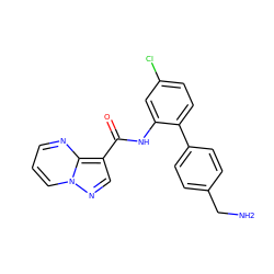 NCc1ccc(-c2ccc(Cl)cc2NC(=O)c2cnn3cccnc23)cc1 ZINC000113651798