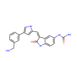 NCc1cccc(-c2c[nH]c(/C=C3\C(=O)Nc4ccc(NC(N)=O)cc43)c2)c1 ZINC000028708333