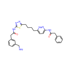 NCc1cccc(CC(=O)Nc2nnc(CCCCc3ccc(NC(=O)Cc4ccccc4)nn3)s2)c1 ZINC000169698234