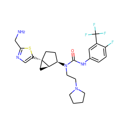 NCc1ncc([C@]23CC[C@@H](N(CCN4CCCC4)C(=O)Nc4ccc(F)c(C(F)(F)F)c4)[C@H]2C3)s1 ZINC000028825133