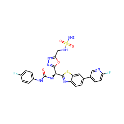 NS(=O)(=O)NCc1nnc([C@H](NC(=O)Nc2ccc(F)cc2)c2nc3ccc(-c4ccc(F)nc4)cc3s2)o1 ZINC000206761423