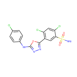 NS(=O)(=O)c1cc(-c2nnc(Nc3ccc(Cl)cc3)o2)c(Cl)cc1Cl ZINC000169351739